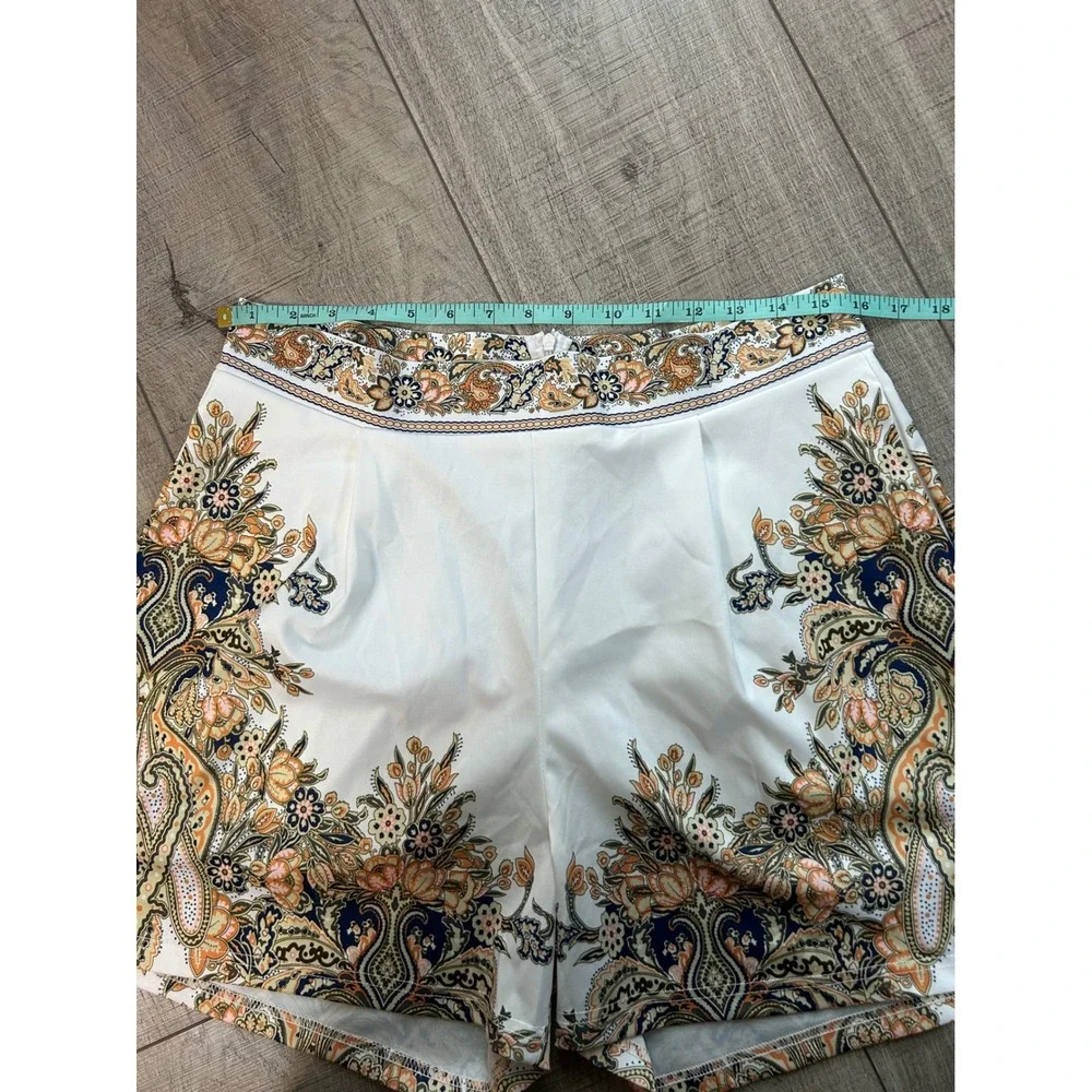 White Paisley‎ Print High Waisted Shorts XL Boho